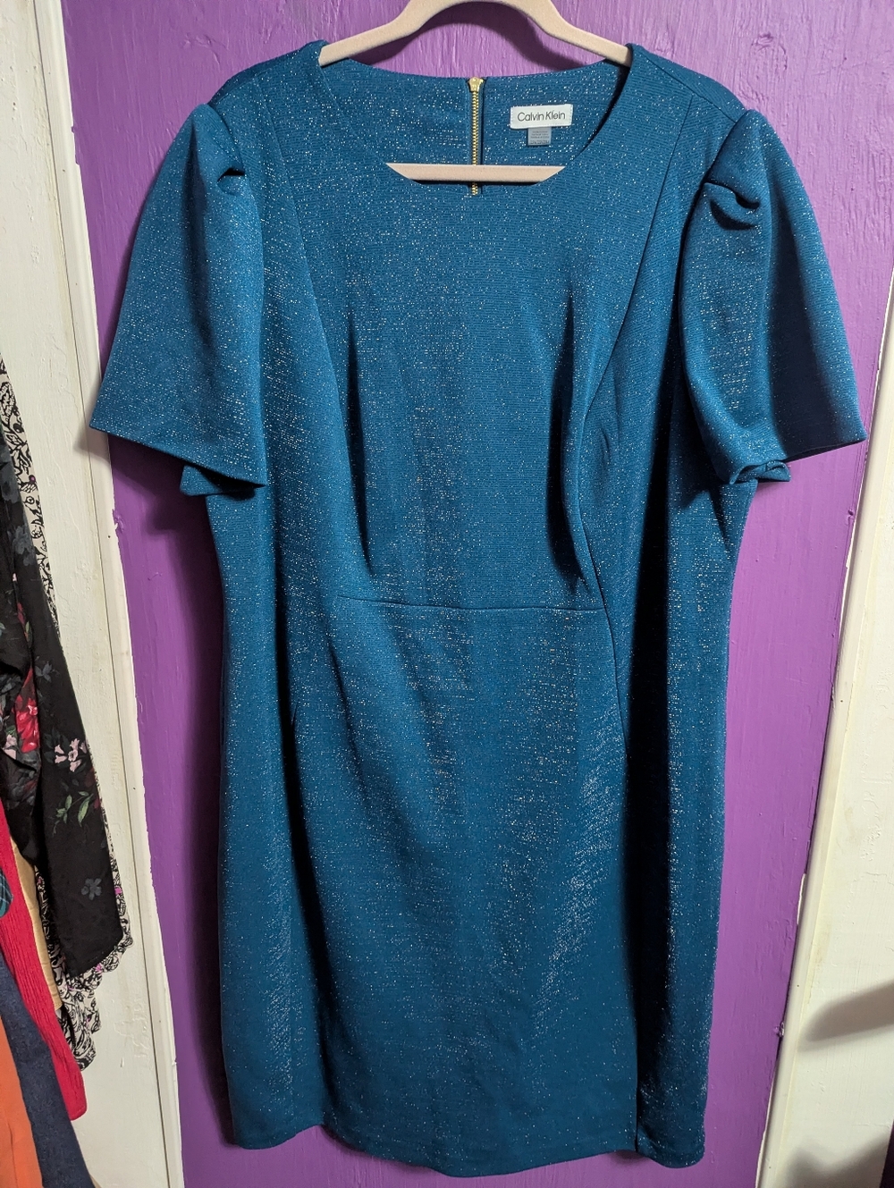 43. Calvin Klein Blue Striped Sparkled Short Sleeve Midi Dress 22 3X